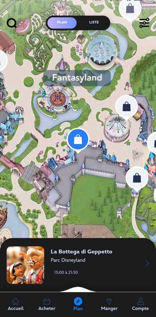 La Bottega di Geppetto sur l'application officielle Disneyland Paris